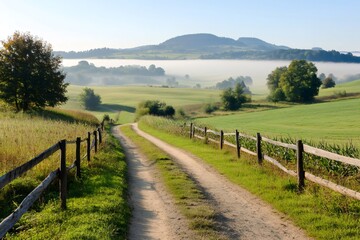 Fototapeta premium Dirt road crossing idyllic countryside landscape with morning fog