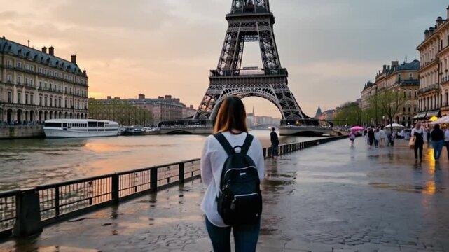 A young traveler with a stylish backpack walks along the Seine River in Paris, admiring the Eiffel Tower in the golden hour. The cobblestone path is wet from recent rain, reflecting the warm city ligh