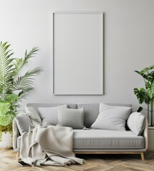A gray sofa with pillows and a blanket in front of a blank poster frame with a potted plant on either side in a modern living room