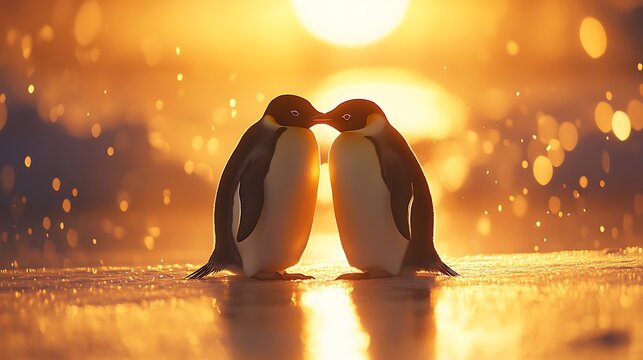 Penguins kissing sunset Antarctica love