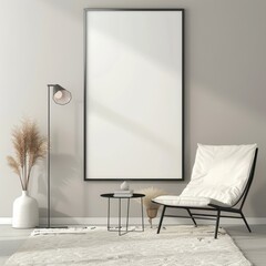 Minimalist living room with a black framed poster. a white armchair. a side table. and a floor lamp on a neutral background