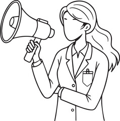 Fototapeta premium Business woman speaking through a megaphone. Outline vector illustration.
