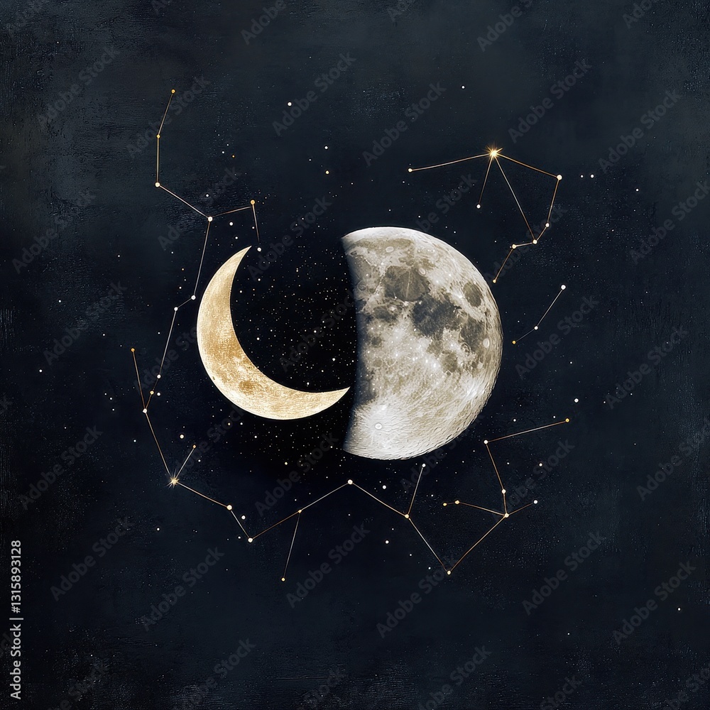 Wall mural hyper-realistic full moon and crescent moon glowing in a deep cosmic sky, surrounded by intricate co