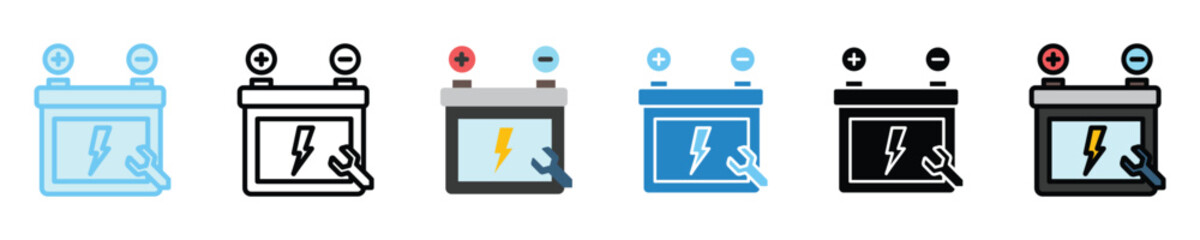 Battery multi style icons set. use for modern concept, print, UI, UX kit, web and app development. Vector EPS 10, related to car service, auto garage, car spare part.