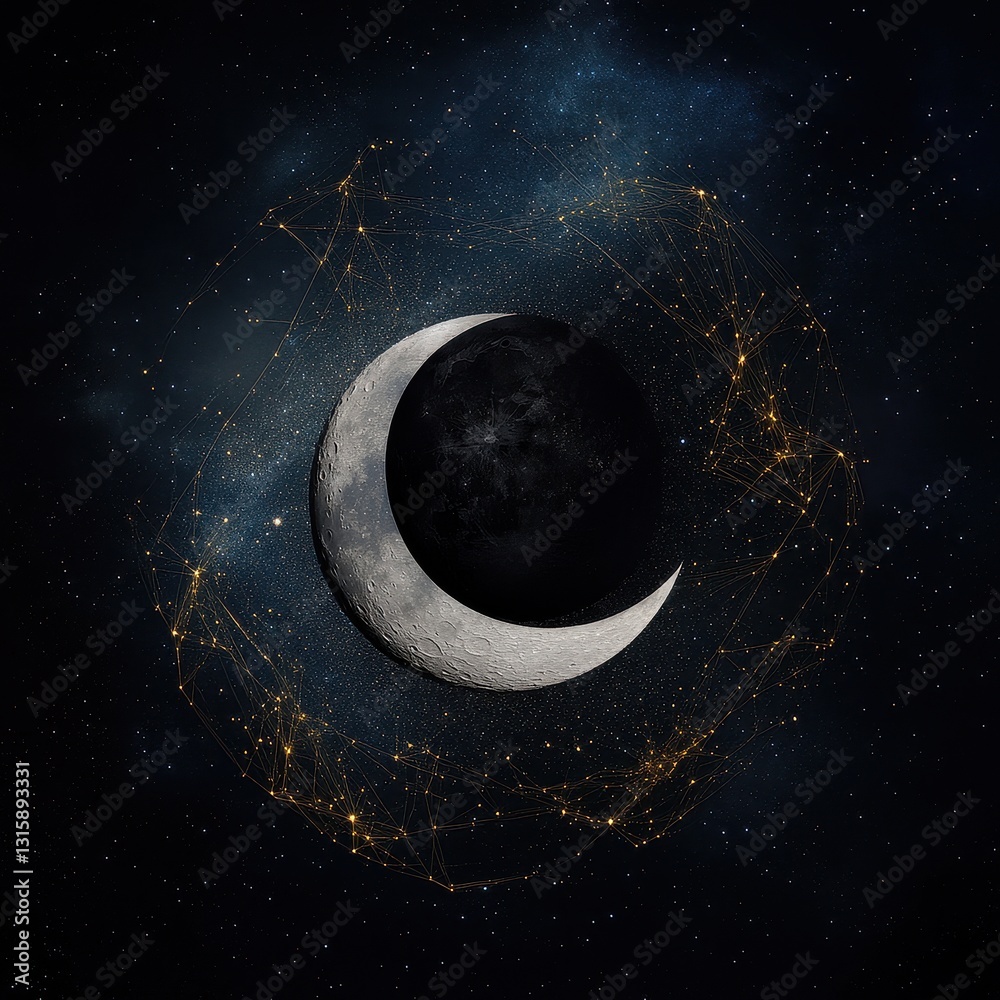 Wall mural hyper-realistic full moon and crescent moon glowing in a deep cosmic sky, surrounded by intricate co
