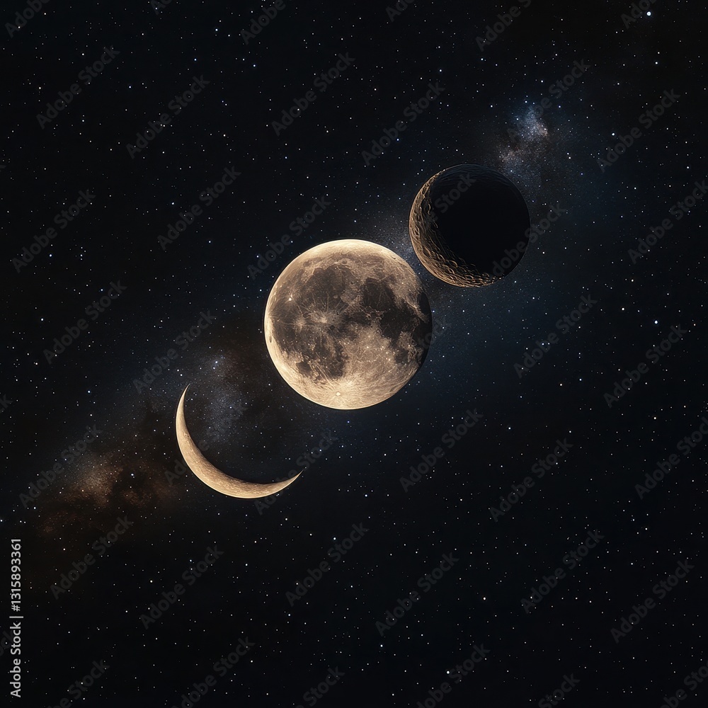 Wall mural hyper-realistic full moon and crescent moon glowing in a deep cosmic sky, surrounded by intricate co