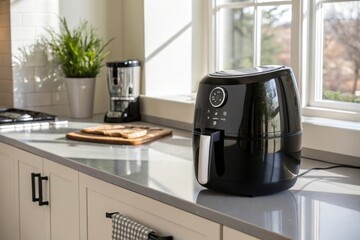 Modern Kitchen with Air Fryer and Coffee Maker by Sunny Window - Ideal for Cooking and Breakfast Preparation