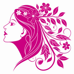 A woman’s face in profile with flowers and leaves integrated into the design.