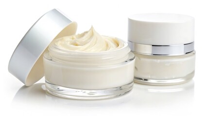 Face Cream Jar with White Lid and Soft Cream Texture Smear, Isolated on a White Background, High-Resolution Skincare Product Ideal for skincare product branding, cosmetic marketing, and premium beauty
