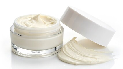 Face Cream Jar with White Lid and Soft Cream Texture Smear, Isolated on a White Background, High-Resolution Skincare Product Ideal for skincare product branding, cosmetic marketing, and premium beauty
