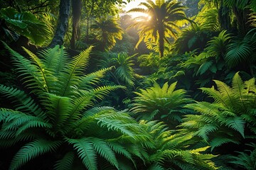 Fototapeta premium Exotic Ferns in a Lush Jungle at High Noon for Vibrant Natural Beauty