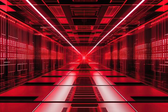 Futuristic Abstract Red Matrix Background with Geometric Patterns and Technology Design