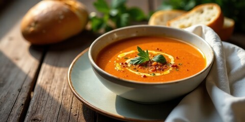 Aromatic autumnal vegetable soup served in a rustic bowl, garnished with herbs and spices, accompanied by crusty bread rolls on a weathered wooden table