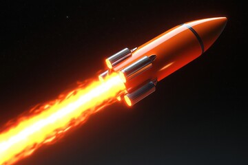 Glowing neon orange rocket with a light trail rendered in 3D for space branding.