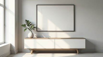 Minimalist Interior Design  A Modern White Cabinet with a Framed Canvas and Greenery