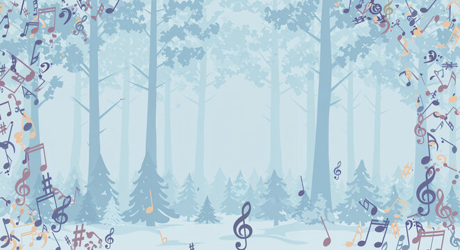 A whimsical background of pastel-colored music notes gently falling like snowflakes in a serene winter forest modern flat vector style illustration