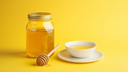 Honey in Jar, Cup, and Dipper on Yellow Background Still Life