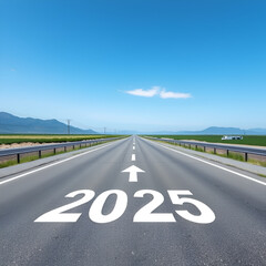 Road to 2025 with an empty road with written 2025 and arrow pointing towards the horizon to represent the future and positivity and success of the new year 2025