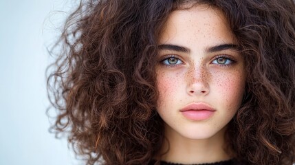 Naklejka premium Beautiful Freckled Woman with Curly Hair Portrait High Resolution