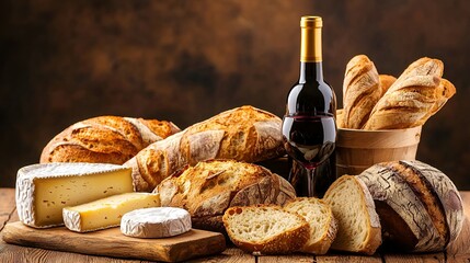 Artisan Breads and Cheese with Wine on Wooden Table