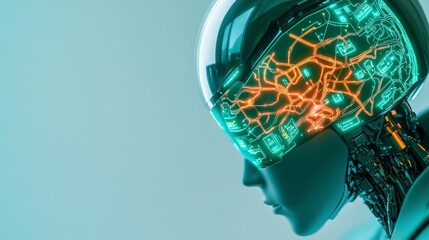 Futuristic AI Robot  Cyborg Head  Digital Brain  Neural Network  High Tech  Closeup