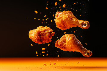 Fried chicken legs and wing floating in the air on a black background,poster banner design