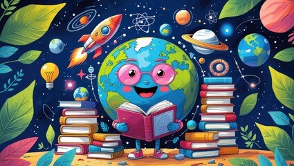 Obraz premium World Book Day Celebration - A Cute Earth Reading a Book