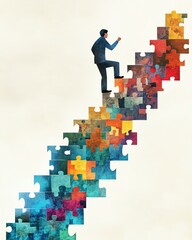 A man climbing a vibrant puzzle staircase, symbolizing personal growth and achievement in a colorful journey.