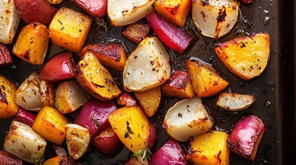 Roasted root vegetables, vibrant colors & textures. Perfect for autumnal recipes, healthy eating blogs.