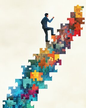 A man climbing a vibrant puzzle staircase, symbolizing personal growth and achievement in a colorful journey.