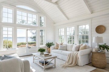 Fototapeta premium A large living room with a white ceiling and white walls