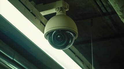 Security camera mounted ceiling, urban environment, surveillance