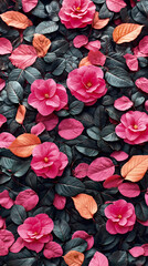 Vibrant pink flowers and autumn leaves create a striking natural pattern