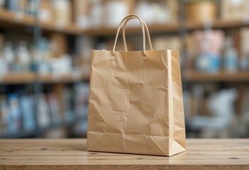 Craft paper bag on wooden table in a store interior setting