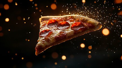 Pepperoni pizza slice, flying, dark background, food ad