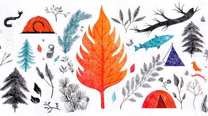 Camping  Hiking  Nature  Grunge Style Illustrations