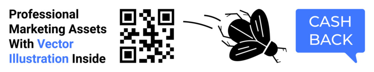 QR code linking to marketing assets, cashback speech bubble, and a flying insect graphic. Ideal for promotions, cashback offers, digital marketing, branding, rewards programs, advertising
