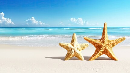 Twin Starfish on a Sandy Beach with Lapping Ocean Waves Under a Clear Blue Sky on a Bright Sunny Day