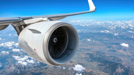 Airplane Wing and Engine with Cloudy Sky View During Flight Over Scenic Landscape