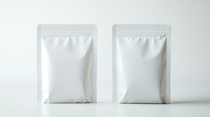 Two blank white stand-up pouches on white. Perfect for packaging mockups or product presentations.