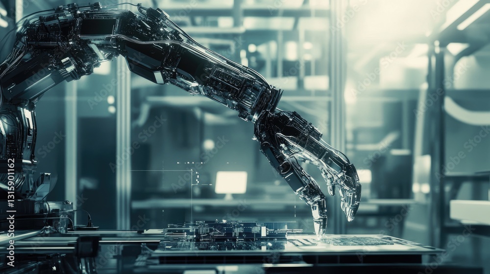 Poster ai-powered robotic arm assembling circuit boards in an advanced tech lab.