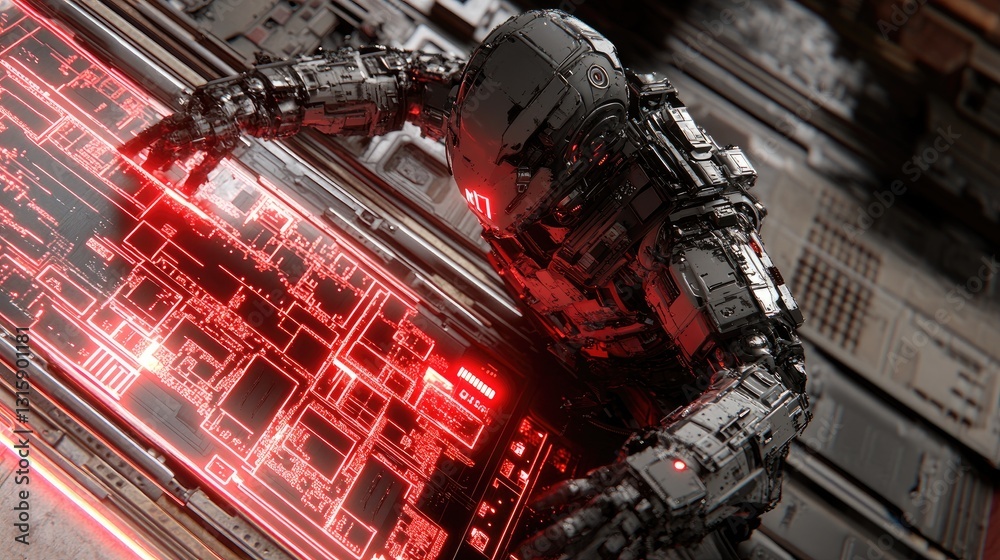 Poster ai-powered robotic arm assembling circuit boards in an advanced tech lab.