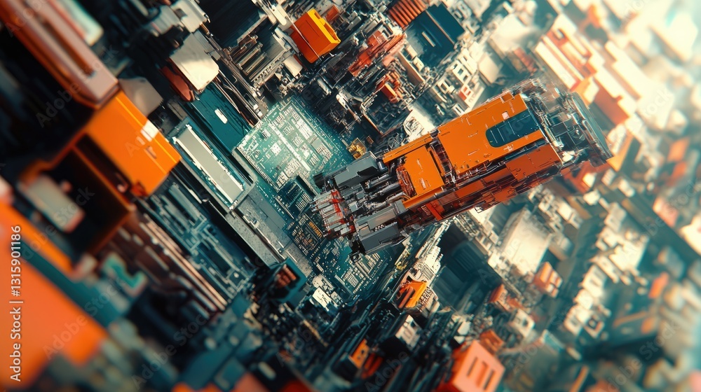 Poster ai-powered robotic arm assembling circuit boards in an advanced tech lab.