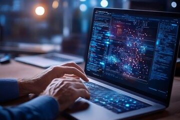 Software engineer working late at night developing futuristic innovative software