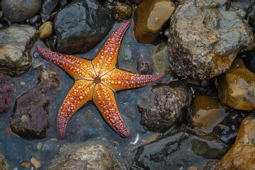 A starfish resting on the rocky floor of a shallow tidal pool.