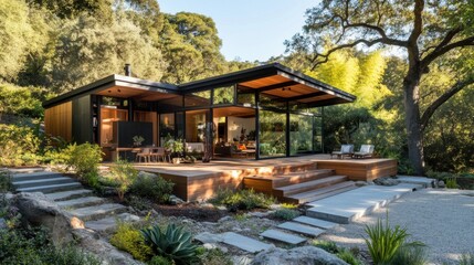 Obraz premium Modern architecture with water recycling system and landscaped surroundings 