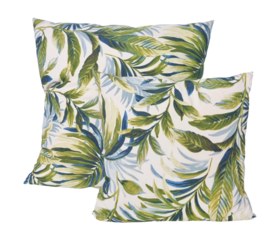two tropical leaf pattern pillows isolated on background with clipping path. Green and blue botanical design cushions, square decorative pillow cases. Jacquard fabric texture, home decor equipments.