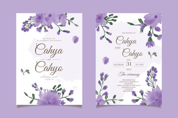 Lavender floral wedding invitation design, purple background, ceremony details