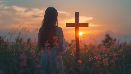 Silhouette of woman praying in front of wooden cross with sunrise background.