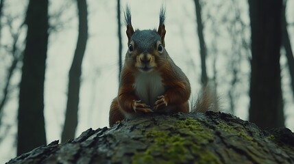 Red Squirrel Posing on Forest Stump